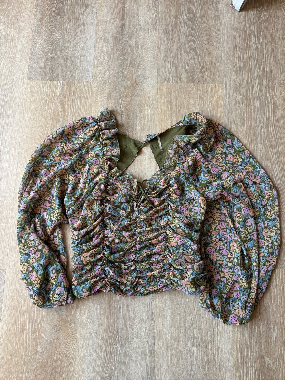 Free People Floral Ruched Puff Sleeve Top - Olive Green